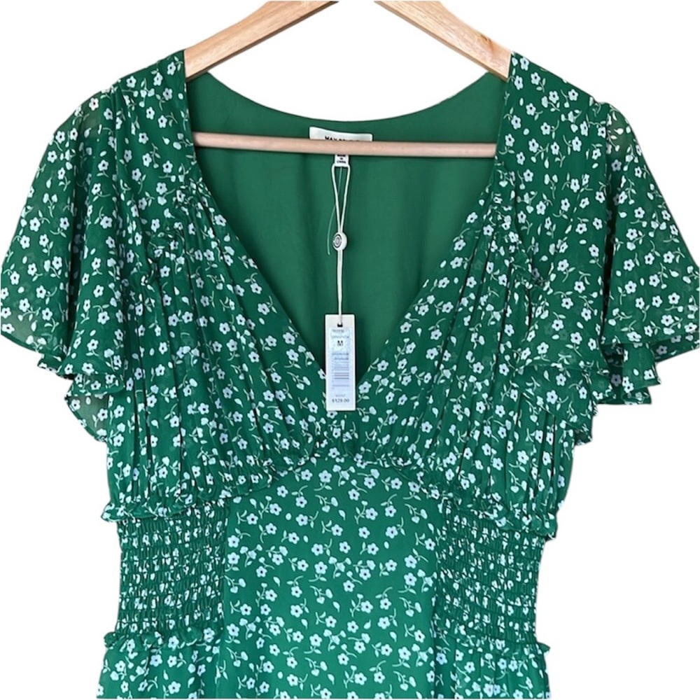 Max Studio Green Ditsy Floral Flutter Sleeve Ruffle Midi Dress Medium